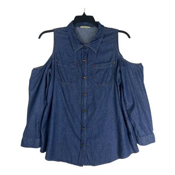 Dianne Gilman Women Long Sleeve Cold Shoulder Button Up Jean Shirt XL Denim Top - Picture 2 of 7